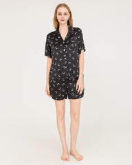 100% Silk Crescent Print Short Pajamas Set - Shirt & Shorts Black