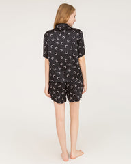 100% Silk Crescent Print Short Pajamas Set - Shirt & Shorts Black