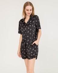 100% Silk Crescent Print Short Pajamas Set - Shirt & Shorts Black
