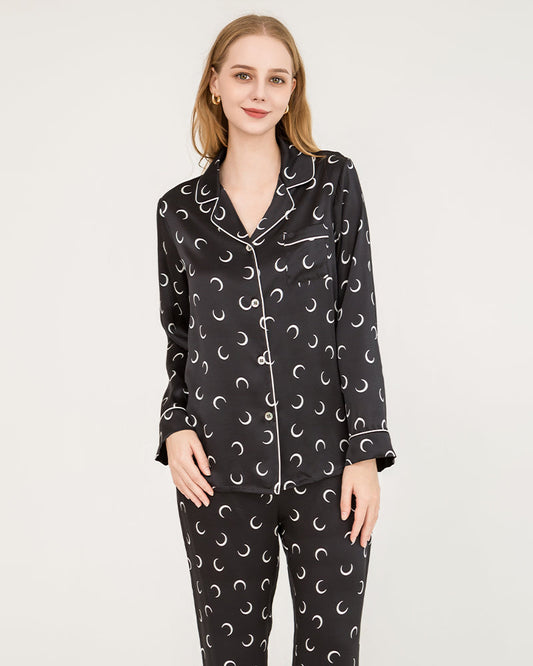 Crescent Moon Print Silk Pajamas Black