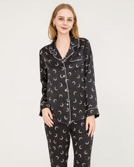 Crescent Moon Print Silk Pajamas Black