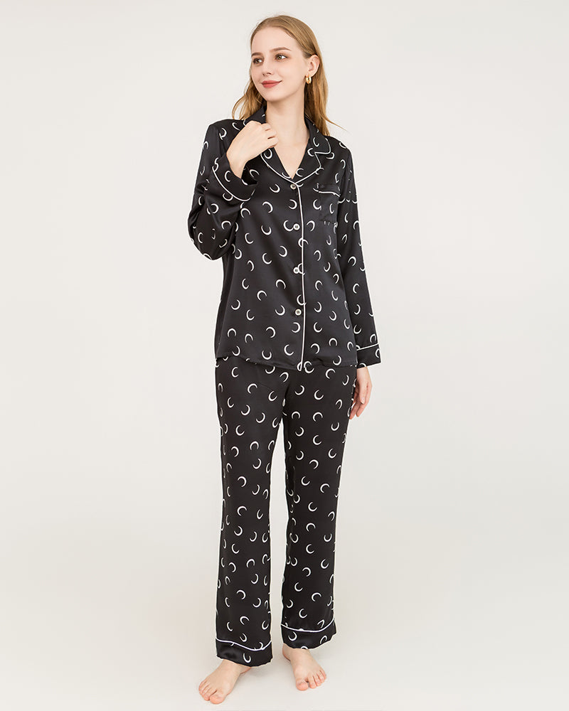 Crescent Moon Print Silk Pajamas Black