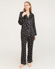Crescent Moon Print Silk Pajamas Black