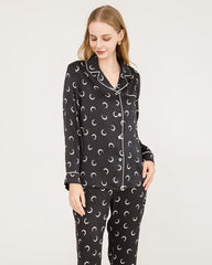 Crescent Moon Print Silk Pajamas Black