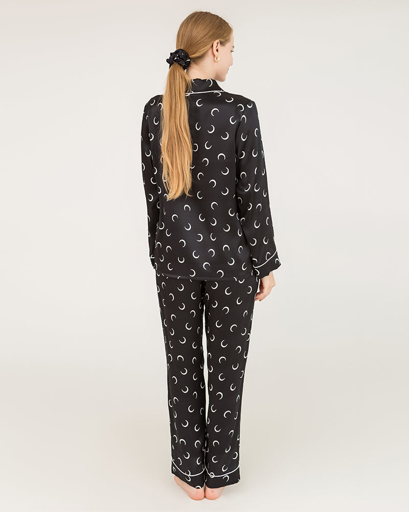 Crescent Moon Print Silk Pajamas Black