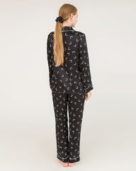 Crescent Moon Print Silk Pajamas Black