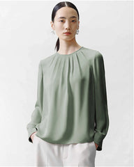 Crew Neck Pleated Silk Blouse