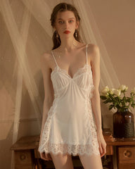 Cross Back V-neck Short Silk Nightgown White