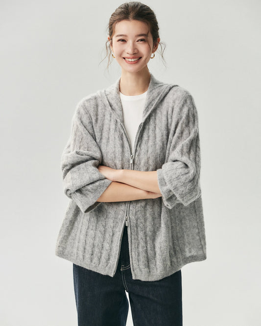 Cashmere Silk Cable Knit Hooded Cardigan