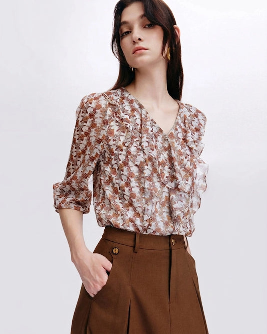 Daisy Floral Ruffle Silk Blouse