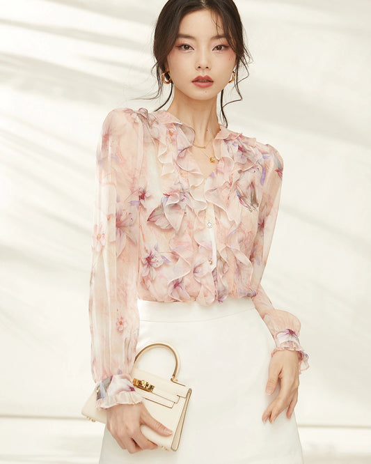 Pink Lily Silk Floral Ruffle Long Sleeve Blouse