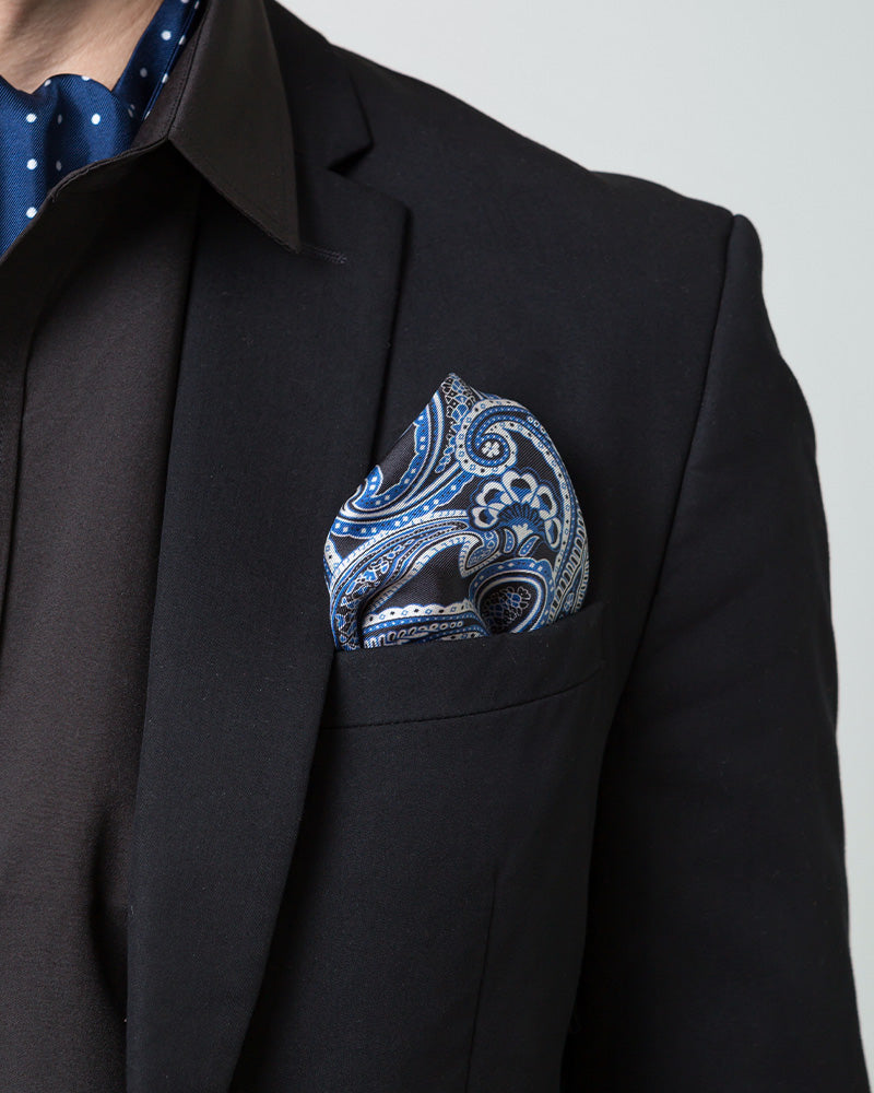 Dark-Toned Printed Men's Silk Handkerchief Blue Black