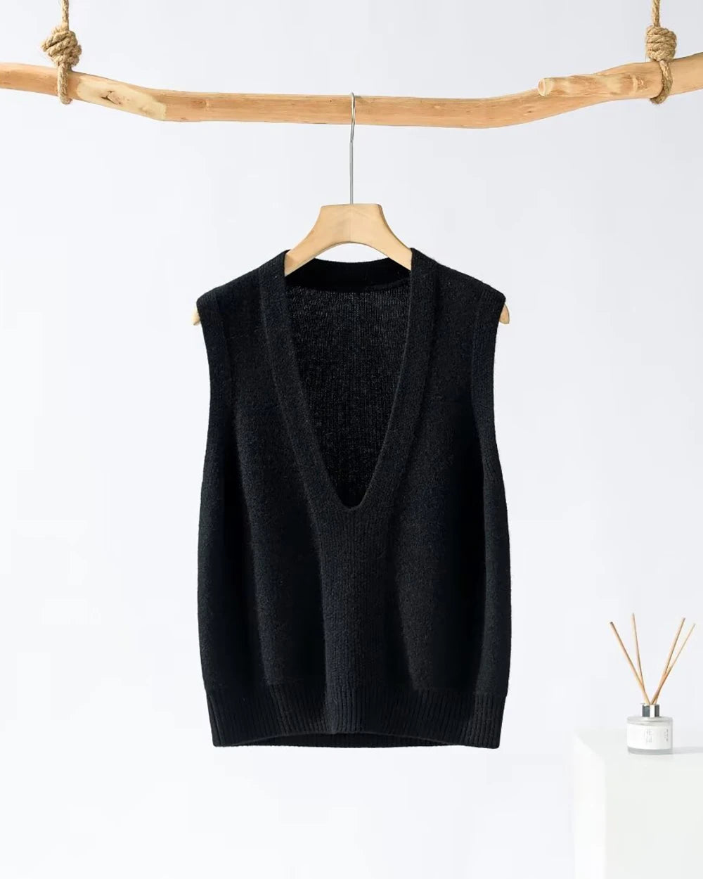 Deep V Neck Cashmere Vest Black