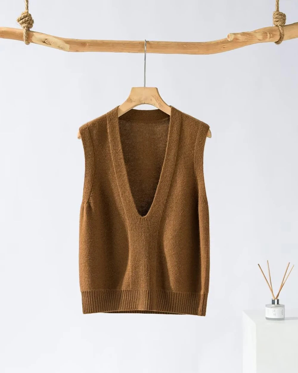 Deep V Neck Cashmere Vest Brown