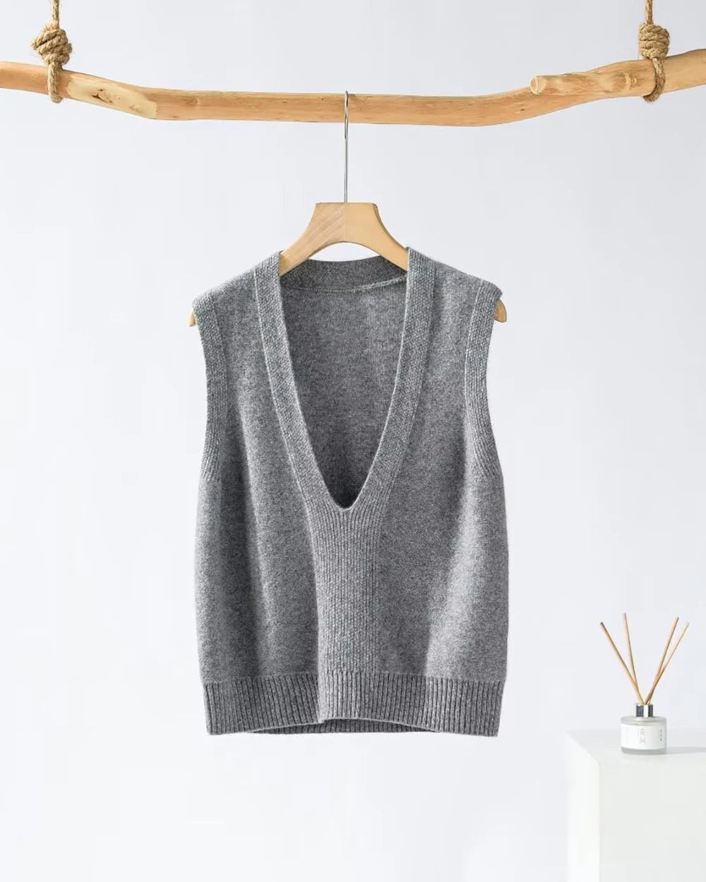 Deep V Neck Cashmere Vest Grey