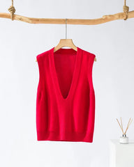 Deep V Neck Cashmere Vest Red