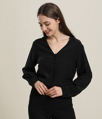 Deep V-Neck Long Sleeve Women Silk Blouse Black