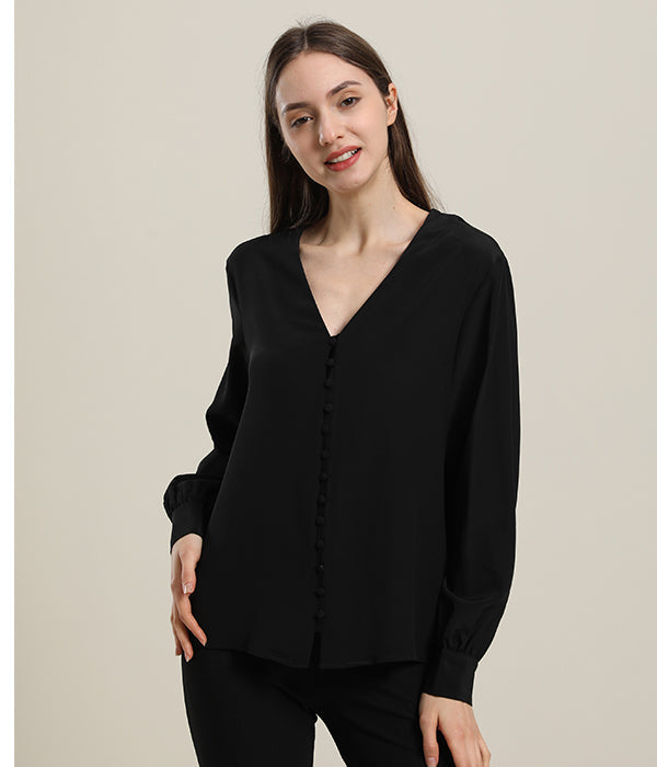 Deep V-Neck Long Sleeve Women Silk Blouse Black