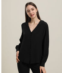 Deep V-Neck Long Sleeve Women Silk Blouse Black