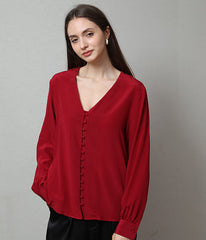 Deep V-Neck Long Sleeve Women Silk Blouse Burgundy