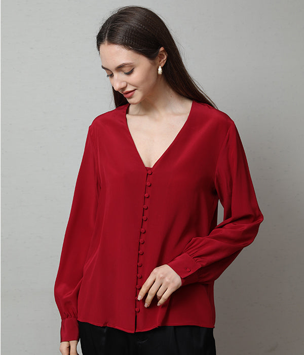 Deep V-Neck Long Sleeve Women Silk Blouse Burgundy