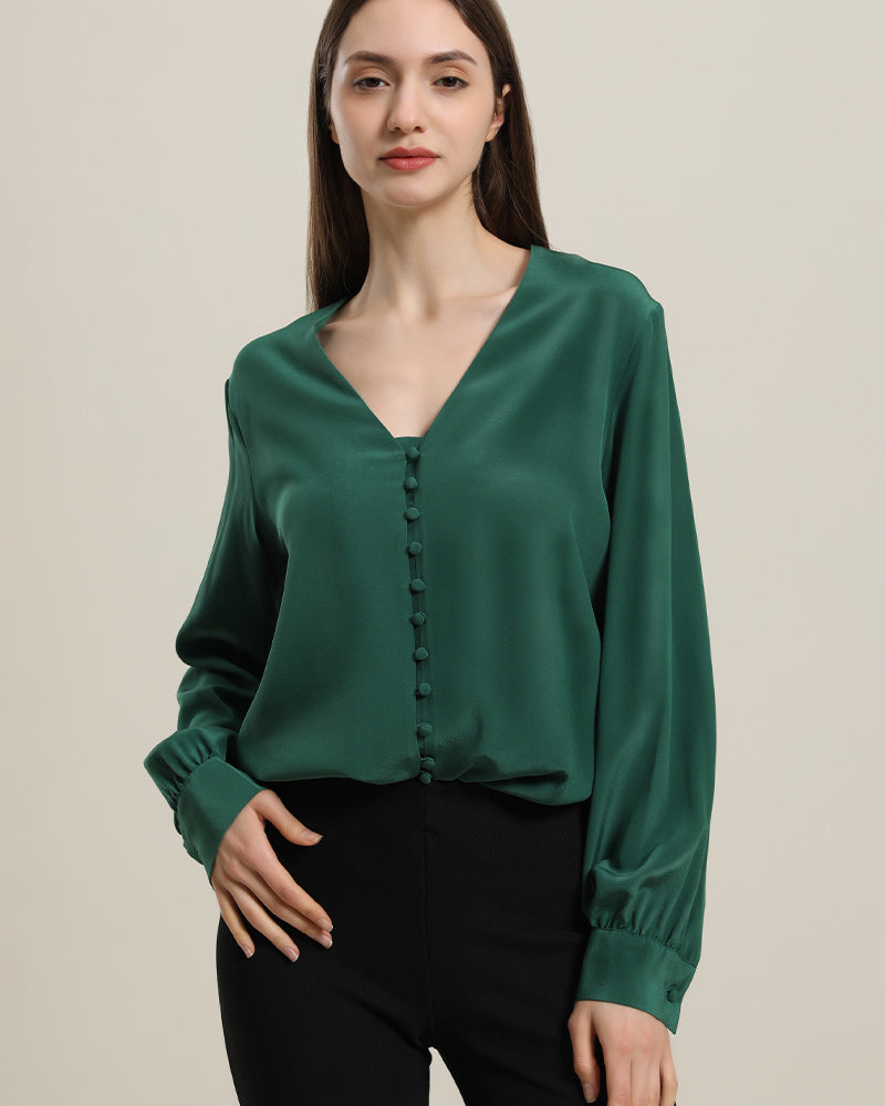 Deep V-Neck Long Sleeve Women Silk Blouse Dark Green