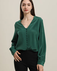 Deep V-Neck Long Sleeve Women Silk Blouse Dark Green
