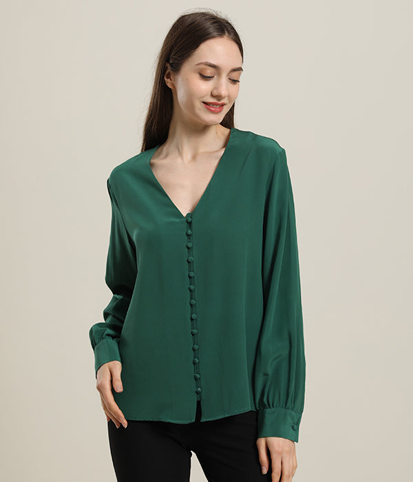 Deep V-Neck Long Sleeve Women Silk Blouse Dark Green