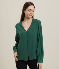 Deep V-Neck Long Sleeve Women Silk Blouse Dark Green