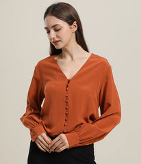 Deep V-Neck Long Sleeve Women Silk Blouse Orange