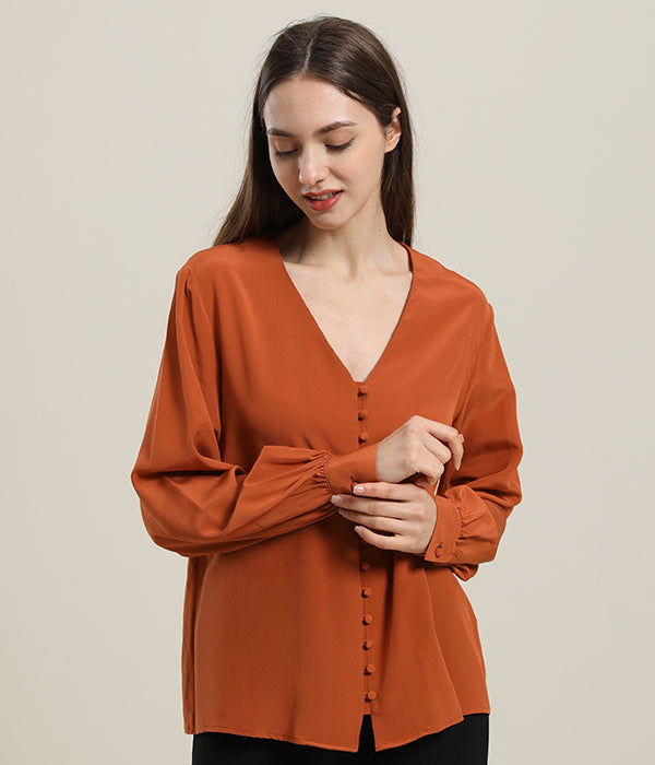 Deep V-Neck Long Sleeve Women Silk Blouse Orange