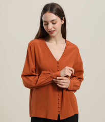 Deep V-Neck Long Sleeve Women Silk Blouse Orange