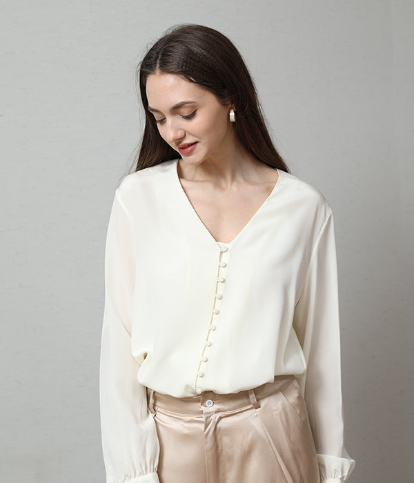 Deep V-Neck Long Sleeve Women Silk Blouse White