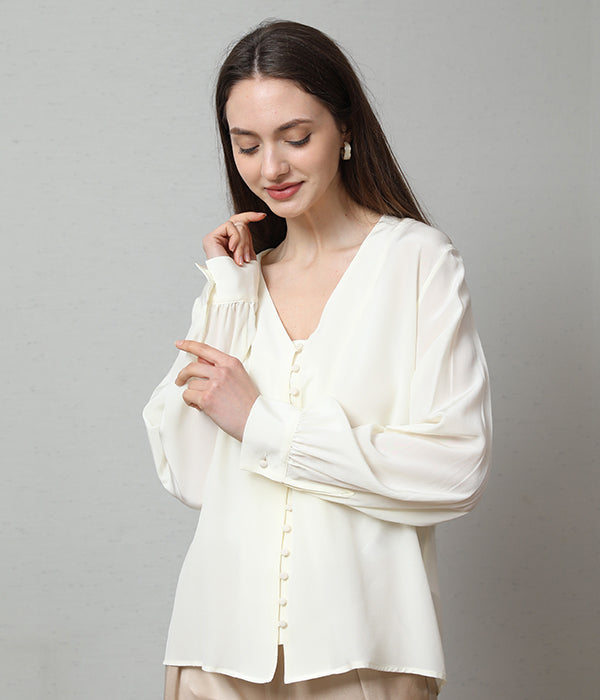 Deep V-Neck Long Sleeve Women Silk Blouse White