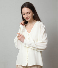 Deep V-Neck Long Sleeve Women Silk Blouse White