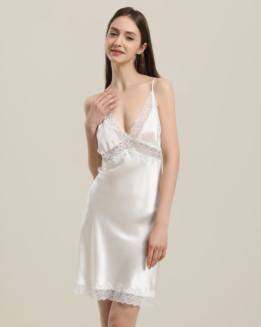 Delicate Lace Silk Nightgown White