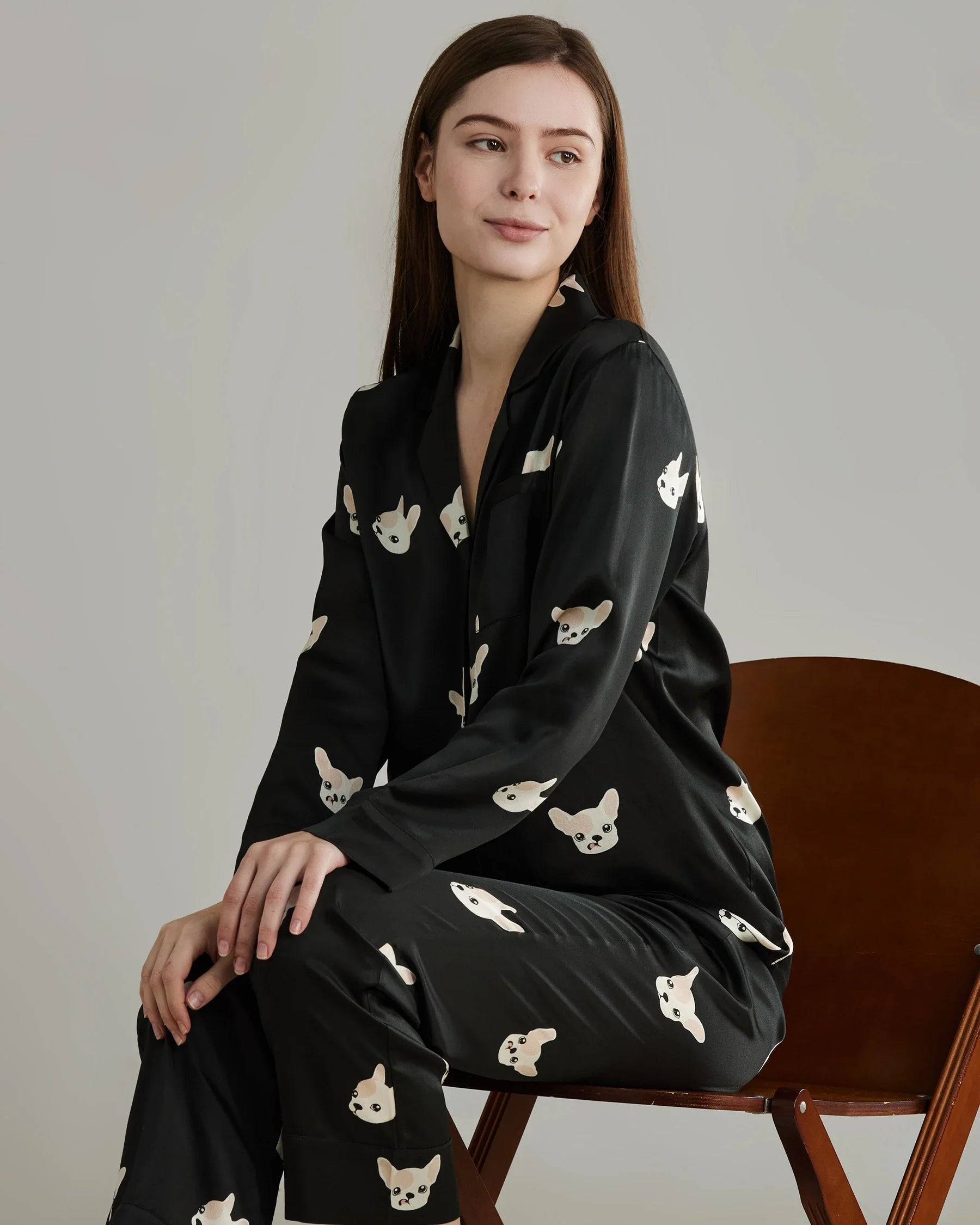 Puppy Print Silk Pajama Set Black