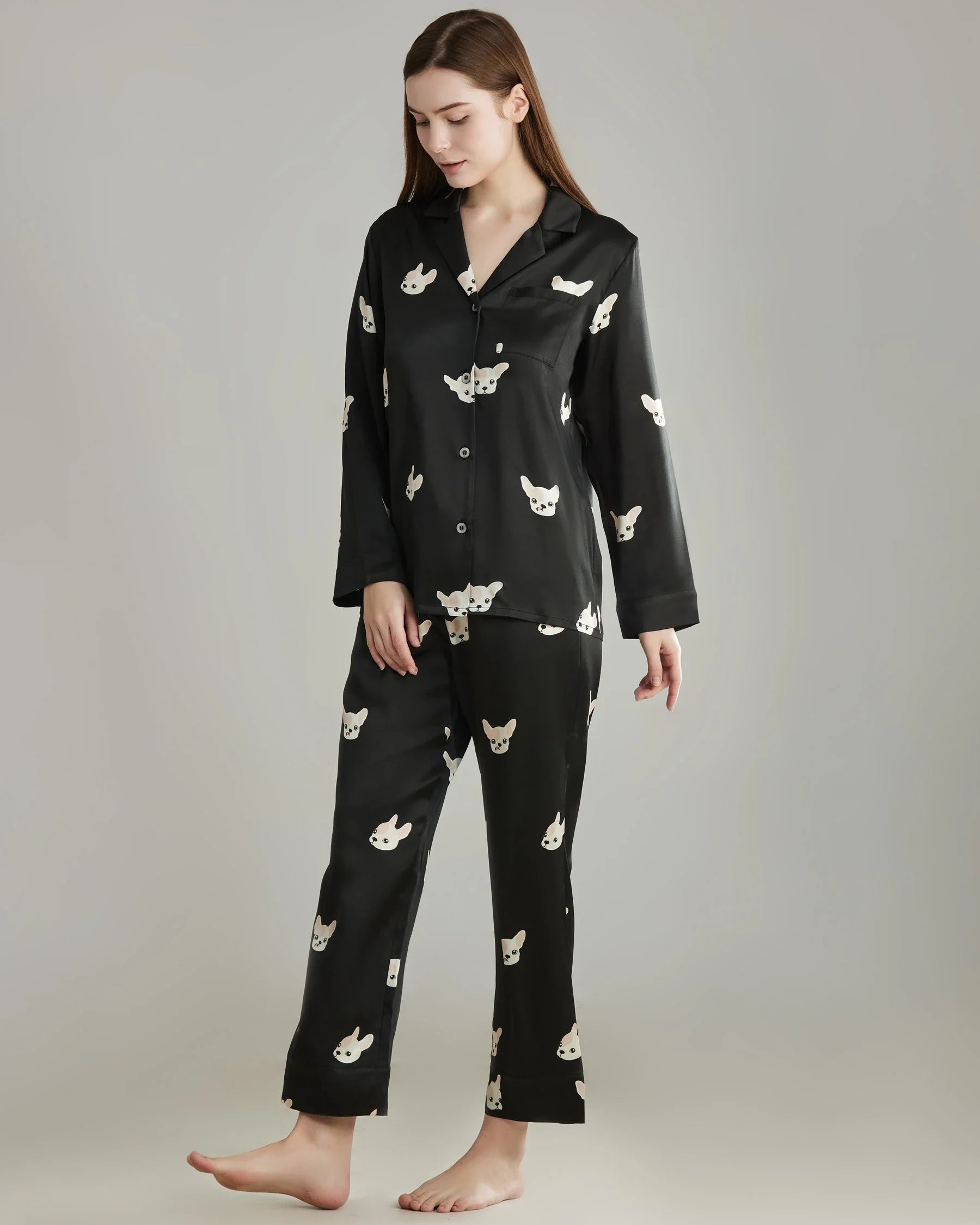 Puppy Print Silk Pajama Set Black