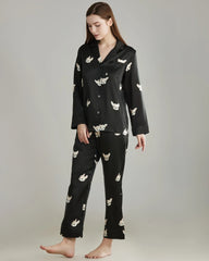 Puppy Print Silk Pajama Set Black