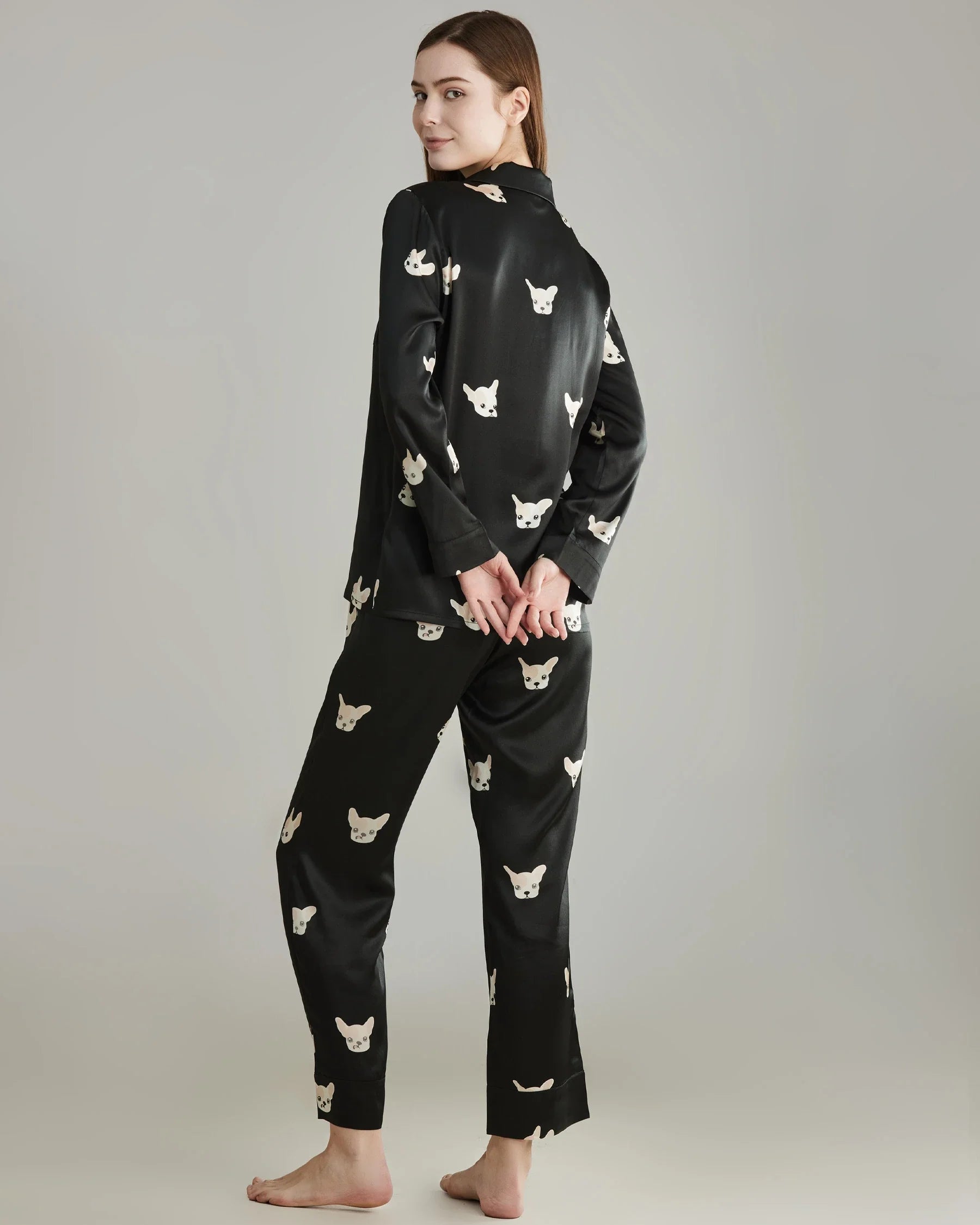 Puppy Print Silk Pajama Set Black