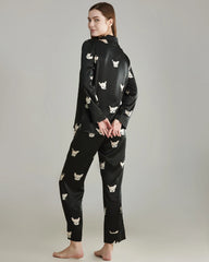 Puppy Print Silk Pajama Set Black