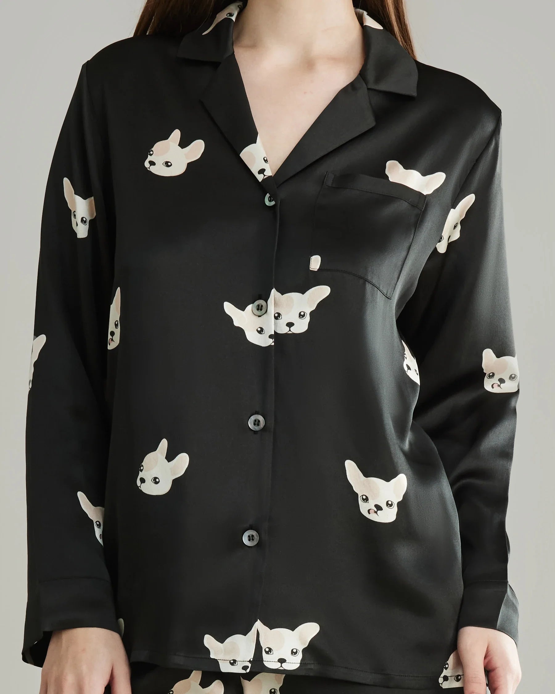 Puppy Print Silk Pajama Set Black
