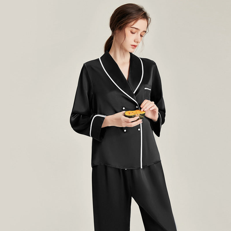 Double Breasted 22 Momme Silk Pajama Set Black
