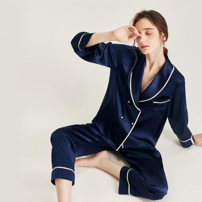 Double Breasted 22 Momme Silk Pajama Set Navy