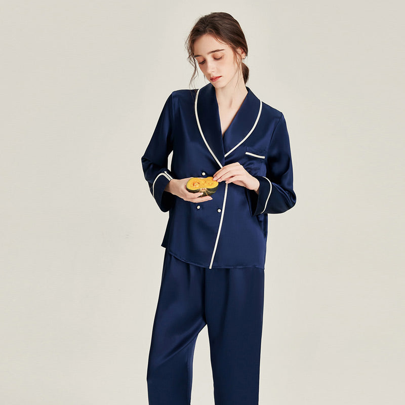 Double Breasted 22 Momme Silk Pajama Set Navy