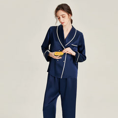 Double Breasted 22 Momme Silk Pajama Set Navy