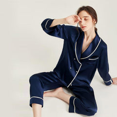 Double Breasted 22 Momme Silk Pajama Set Navy