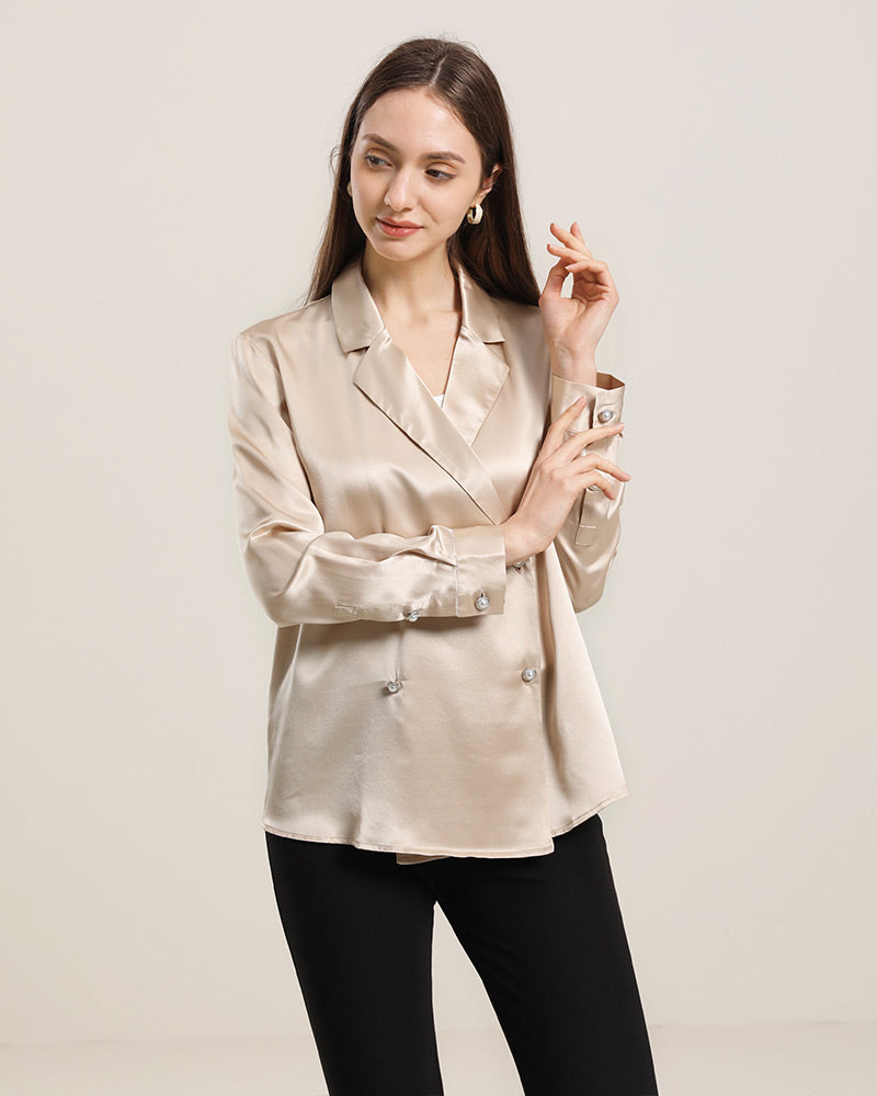 Double-Breasted Elegant V-neck Silk Shirt Champagne