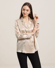 Double-Breasted Elegant V-neck Silk Shirt Champagne