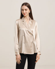 Double-Breasted Elegant V-neck Silk Shirt Champagne